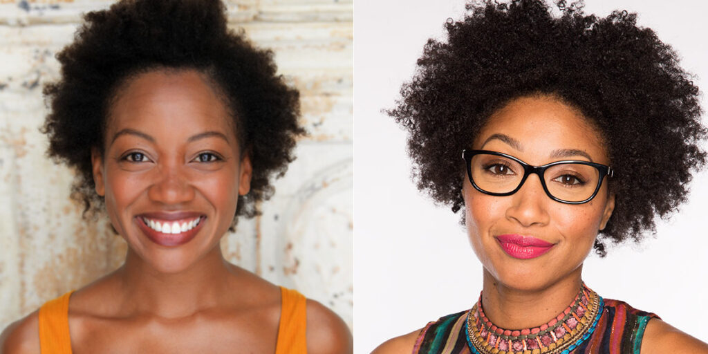 Two women with different hair styles and one is wearing a yellow shirt